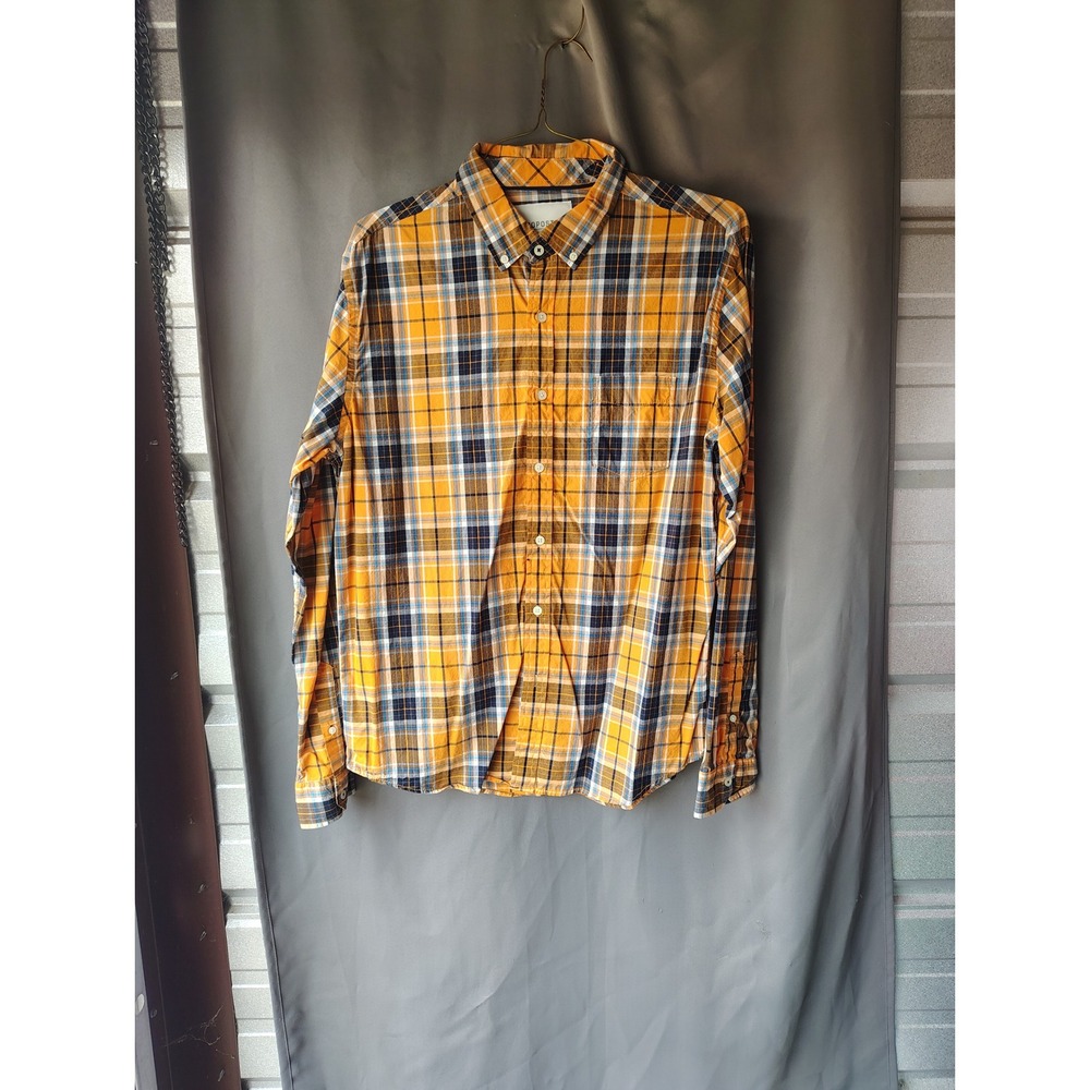 Aeropostale Mens Orange Navy Blue Plaid Long Sleeve Button Down Shirt Large